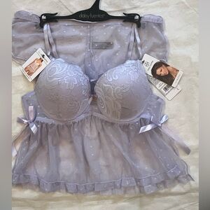 Daisy Fuentes Lavender Lace Bra and Sheer Top push up Cup Cami Doll Set size L